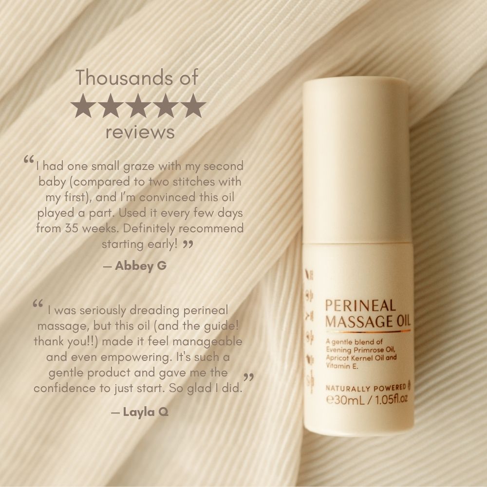 A bottle of Pure Mama NZ Perineal Massage Oil stands upright on soft beige fabric, topped with five stars and “Thousands of reviews,” while testimonials praise its support for skin elasticity and reducing perineal tearing.