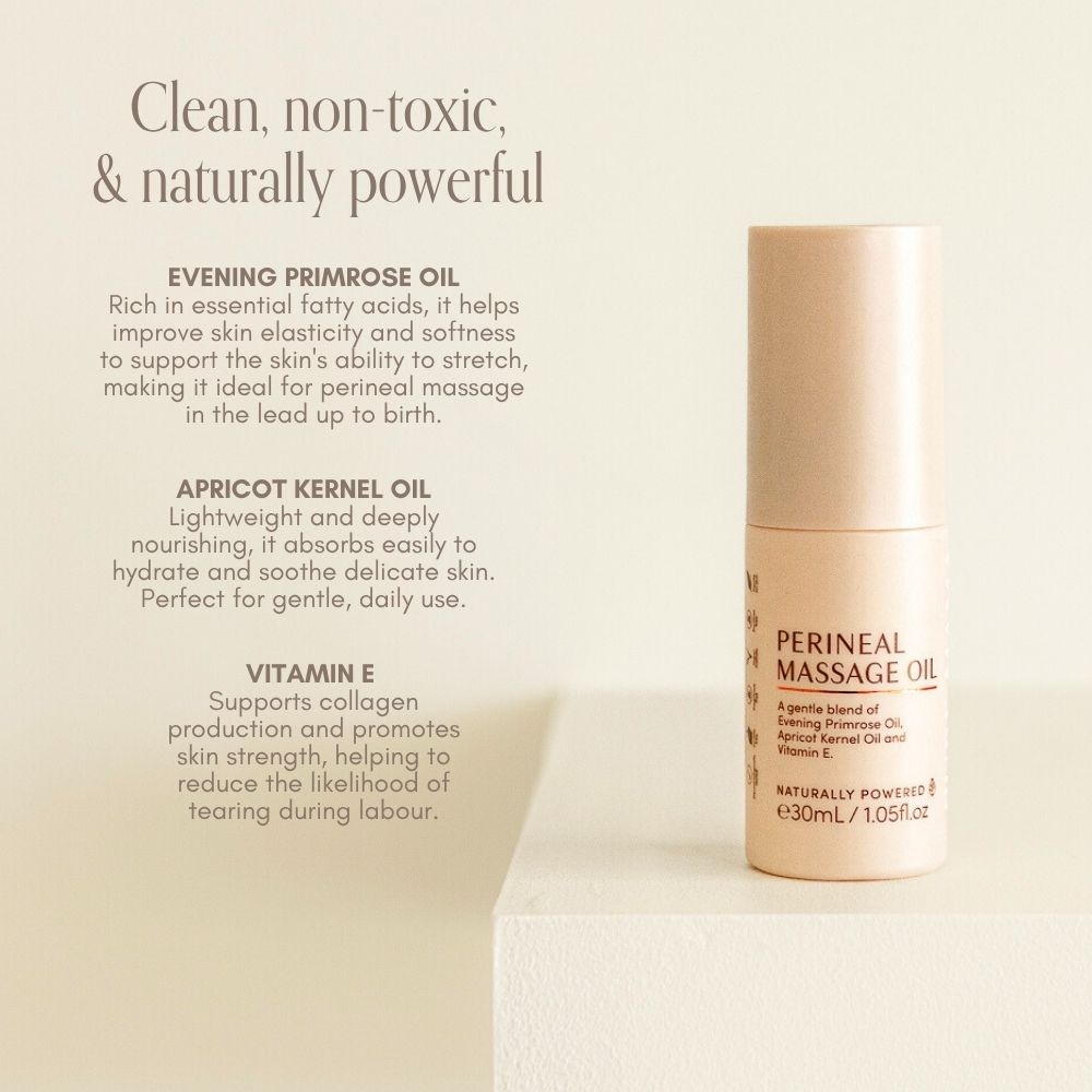 Pure Mama NZ Perineal Massage Oil sits on a light surface. Text highlights ingredients that support skin elasticity and may help reduce perineal tearing. The minimalist, clean design stands out.