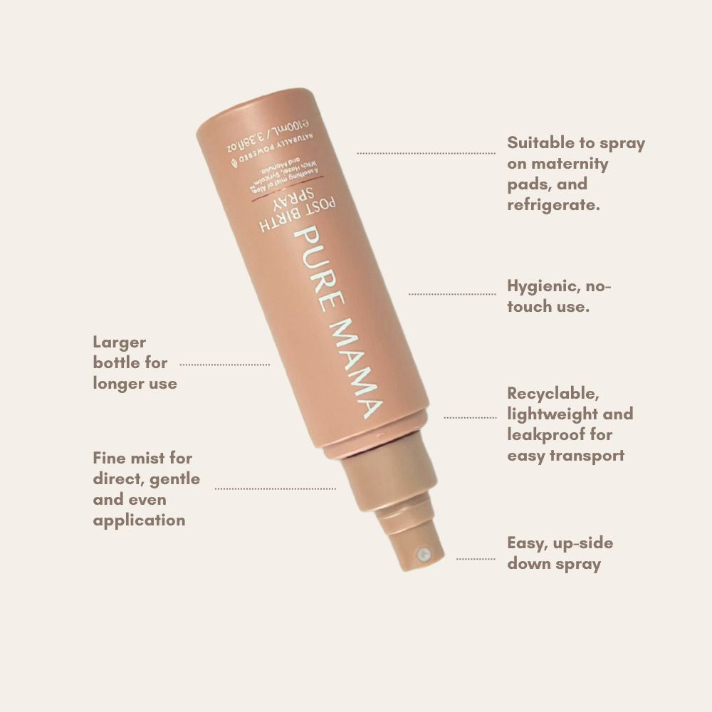 A beige Pure Mama NZ Birth & Postpartum Recovery Kit bottle highlights: larger size, fine mist, upside-down spray, hygienic nozzle, and recyclable packaging—essential for postpartum care, suitable for maternity pads and refrigerating.