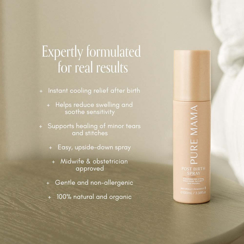 A beige bottle of Pure Mama NZ’s Birth & Postpartum Recovery Kit stands upright on a soft surface, with text highlighting cooling relief, reduced swelling, and healing support—making it perfect for postpartum recovery.