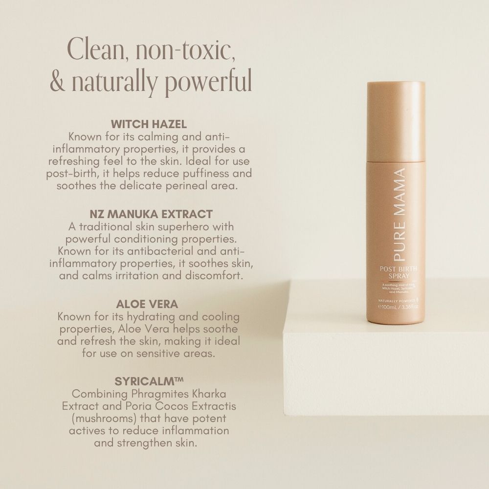 A beige bottle from the Pure Mama NZ Birth & Postpartum Recovery Kit sits on a light shelf, with text highlighting its natural, calming ingredients: witch hazel, NZ manuka extract, aloe vera, and Syricalm™, against a cream background.