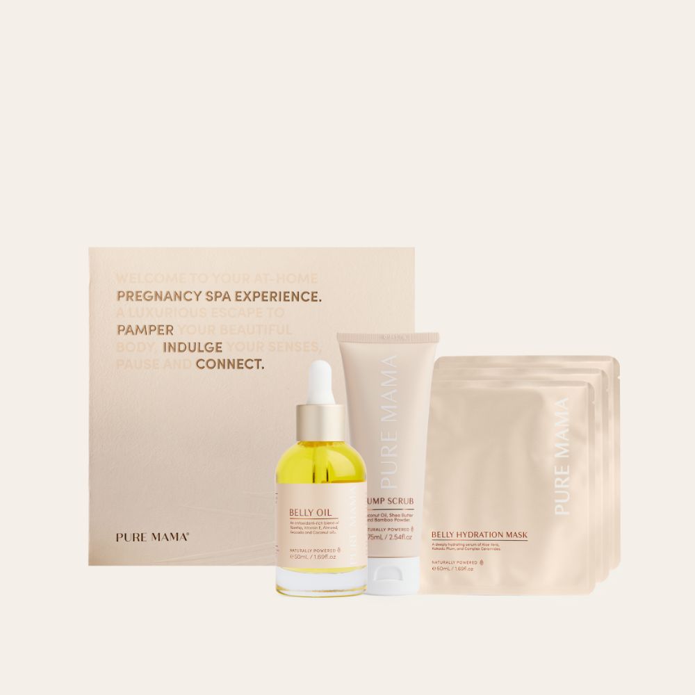 Pure Mama NZ Belly Spa Kit: indulge in Belly Oil, Bump Scrub, two Hydration Masks, and a pregnancy spa experience box—the ultimate self-care set for expecting mothers.