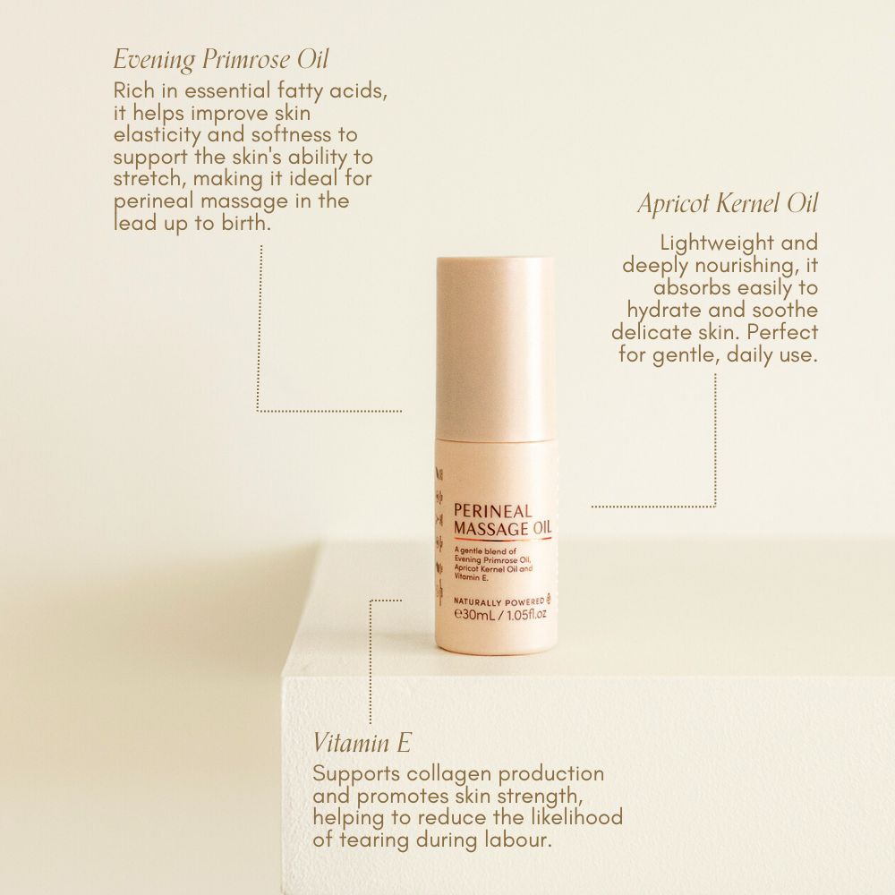 Pure Mama NZ Perineal Massage Oil sits on a white surface. Featuring evening primrose oil, apricot kernel oil, and vitamin E, it nourishes and supports skin elasticity—ideal for pregnancy care.