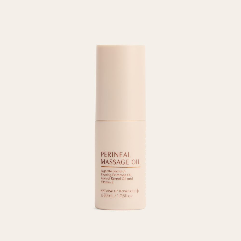 A beige bottle of Pure Mama NZ Perineal Massage Oil, featuring pregnancy-safe ingredients for perineal massage and enhanced skin elasticity, stands upright against a light neutral background.