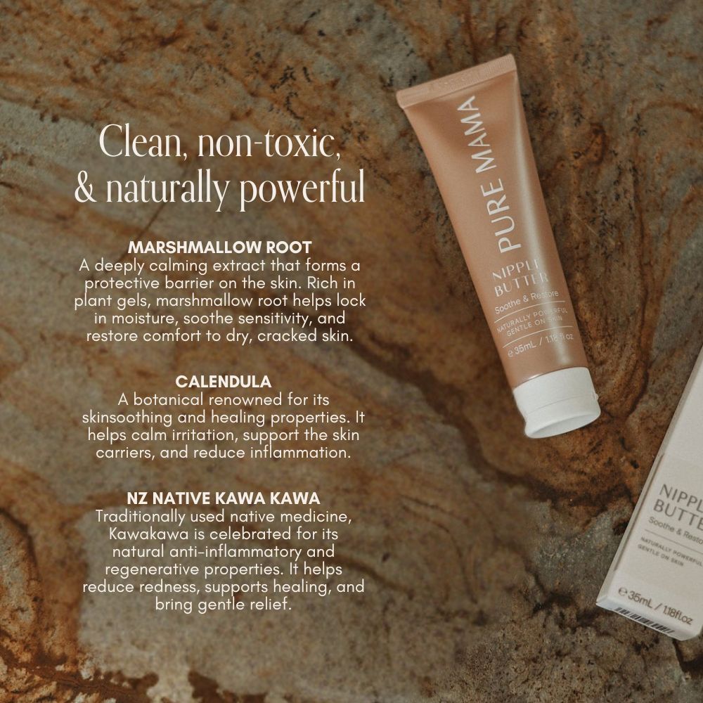 A tube from the Pure Mama NZ Birth & Postpartum Recovery Kit rests on a brown textured surface beside its box, with product ingredients and their skin benefits listed in white text next to the tube.