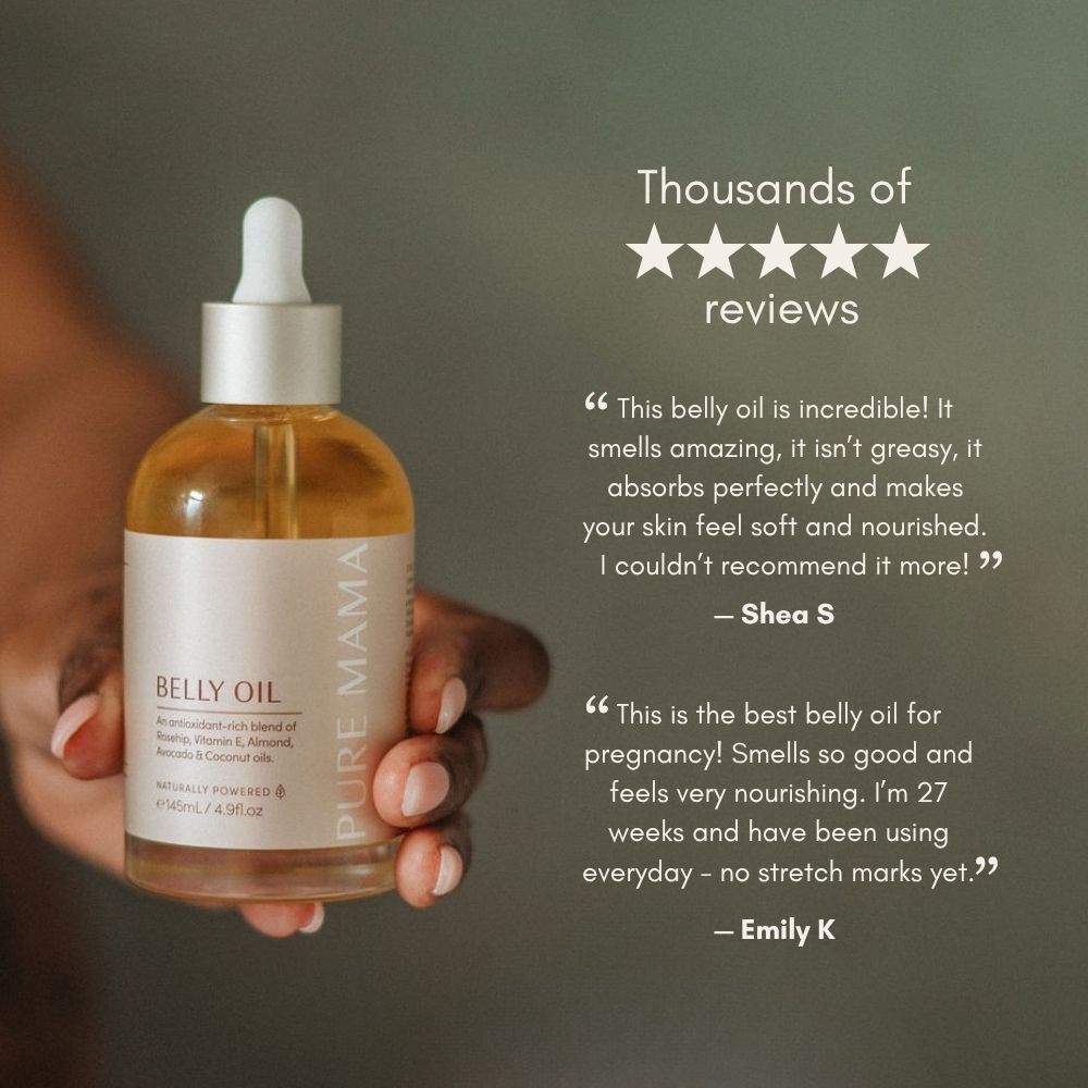 A hand holds a bottle of Pure Mama NZ Belly & Body Oil. Beside it, under Thousands of 5-star reviews, text highlights two customer praises for its scent, stretch mark results, and improved skin elasticity during pregnancy.