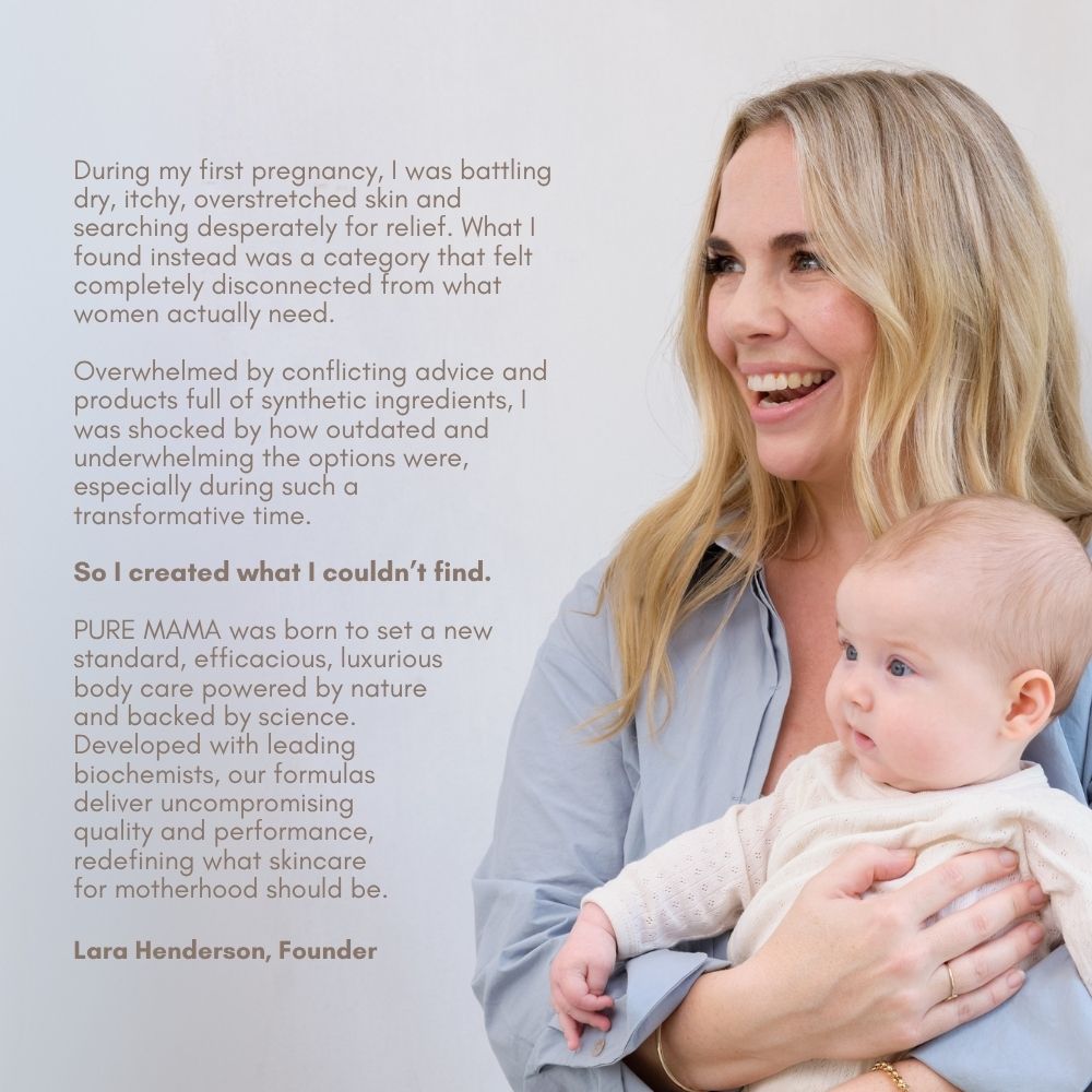 A smiling woman with long blonde hair holds a baby, next to text about her journey founding Pure Mama NZ and creating Stretch Mark Belly Oil, a skincare product for mothers focused on stretch marks prevention and skin elasticity.