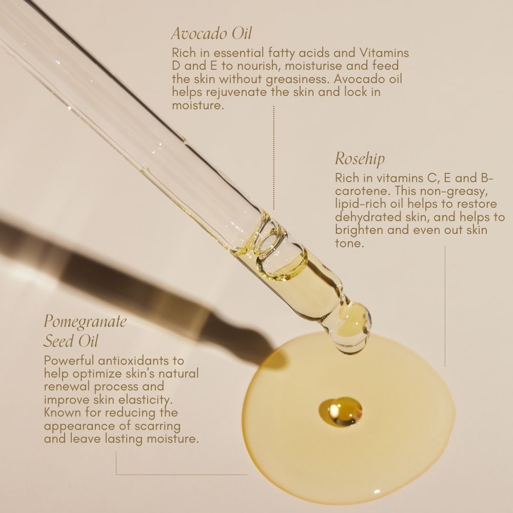 A glass dropper releases golden oil onto a beige surface. Text highlights The Essentials Set by Pure Mama NZ—rich in Avocado Oil, Rosehip, and Pomegranate Seed Oil—perfect for pregnancy or postpartum skin nourishment.