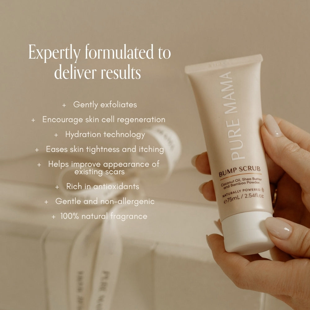 A hand holds a Pure Mama NZ Belly Spa Kit tube against a neutral background. Text highlights exfoliation, hydration, scar improvement, antioxidants, and gentle, natural self-care for non-allergenic skin support.