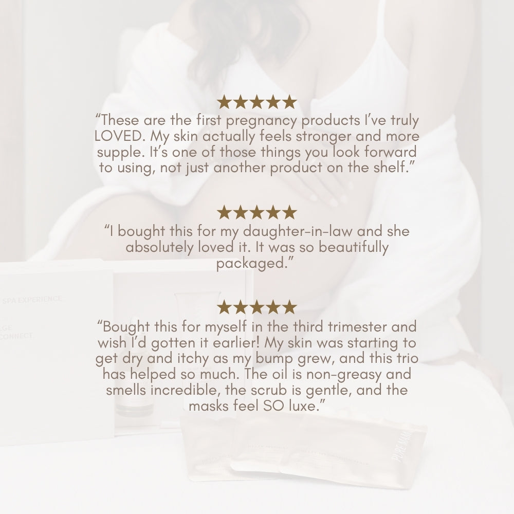 A woman in white holds her belly with three 5-star reviews for the Pure Mama NZ Belly Spa Kit overlaid; boxes, a tube, and a belly hydration mask from the self-care set are visible in the foreground.