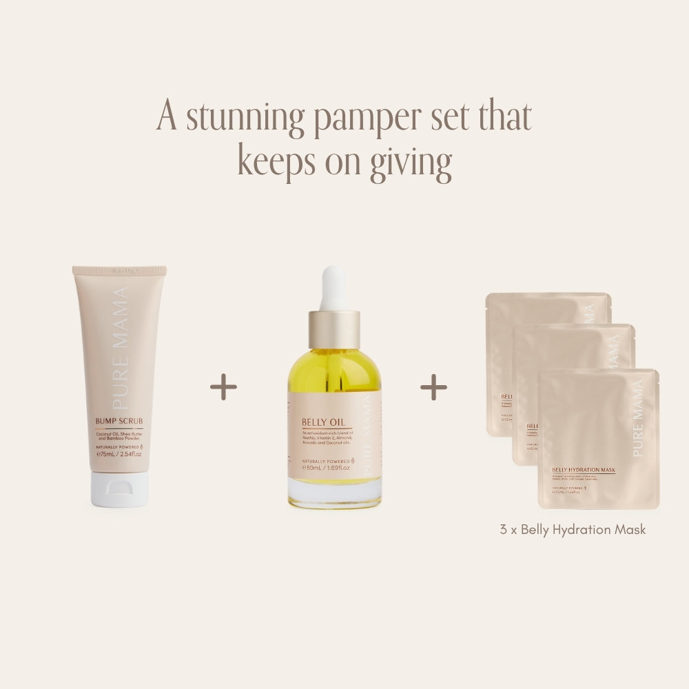 Pure Mama NZ Belly Spa Kit includes a tube of belly scrub, a dropper bottle of belly oil, and three belly hydration masks, arranged on a light background with the phrase “A stunning pregnancy spa kit that keeps on giving” above.