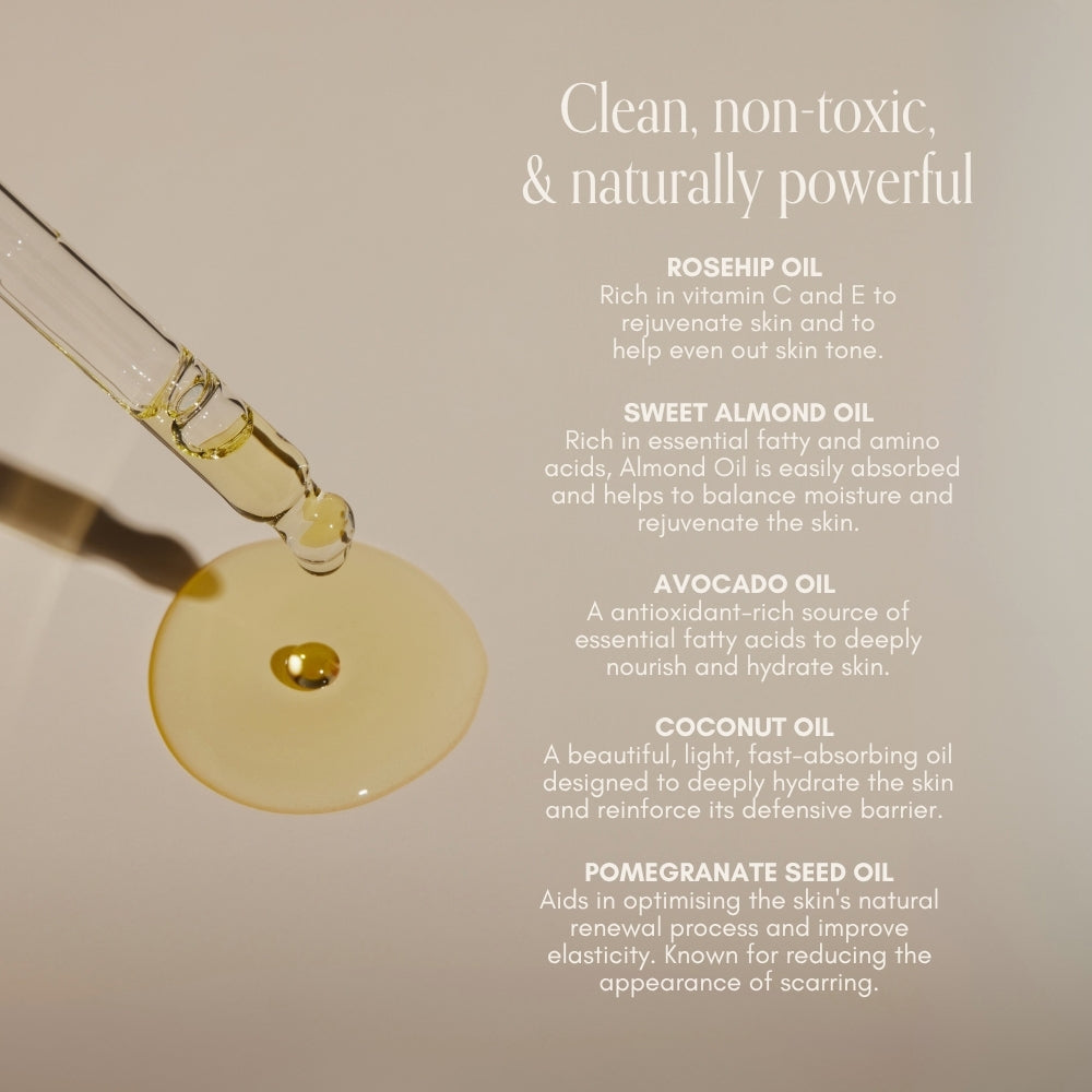 A dropper dispenses light oil from Pure Mama NZs Belly Spa Kit onto a beige surface, highlighting benefits of rosehip, sweet almond, avocado, coconut, and pomegranate seed oils to nourish and rejuvenate skin during pregnancy.