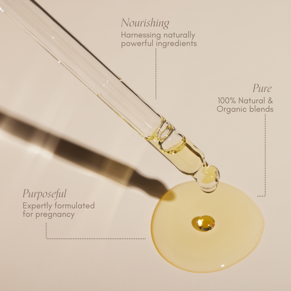 The Bump Love Set by Pure Mama NZ features a glass dropper for applying oils, promoting attributes like Nourishing - Naturally powerful ingredients, Pure - 100% Natural & Organic blends, and Purposeful - Expertly formulated Belly Oil for pregnancy and Stretch Mark Prevention.