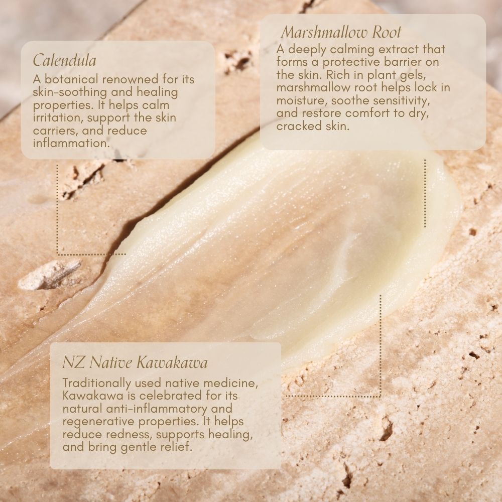 Pure Mama NZ’s Nipple Butter, a creamy, light-colored balm made with organic butter, is spread on a beige stone surface. Text bubbles highlight soothing, healing, and protective benefits—perfect for breastfeeding mamas.