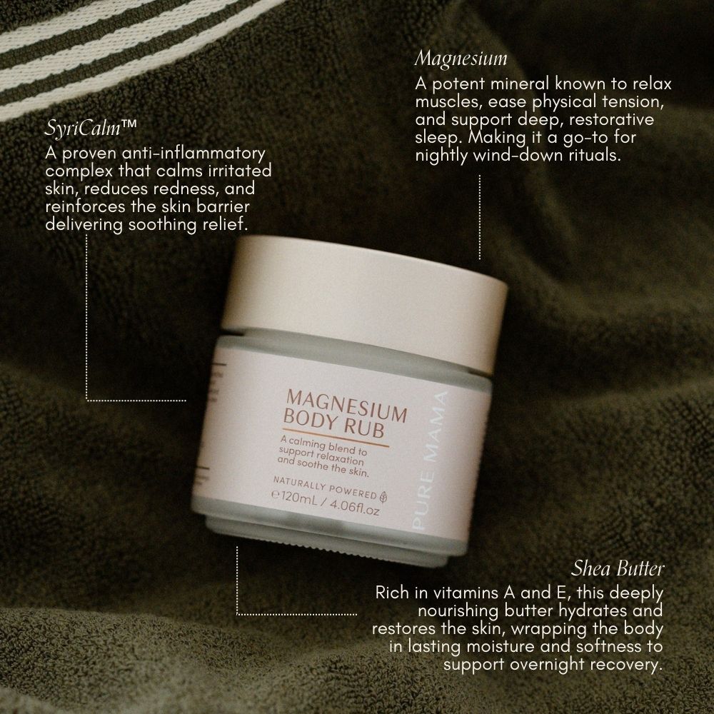 A jar of Pure Mama NZ Pregnancy Care Set rests on soft brown fabric. Text highlights key ingredients for calming, hydrating, and restorative benefits—perfect when paired with our Belly Oil for complete nourishment.