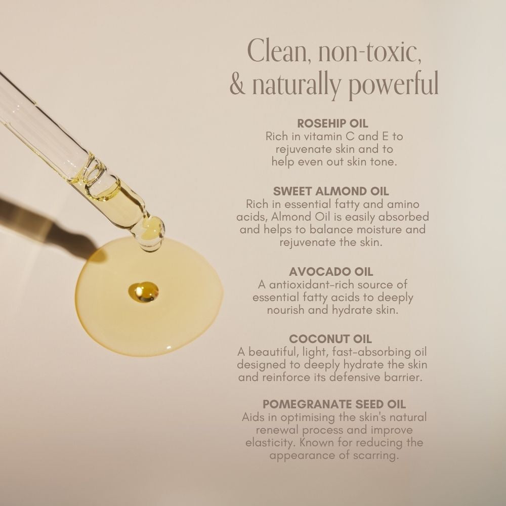 A dropper dispenses Pure Mama NZ’s Belly Oil Mini onto a smooth surface, while text highlights the benefits of rosehip, sweet almond, avocado, coconut, and pomegranate seed oils for pregnancy skincare and stretch mark prevention.