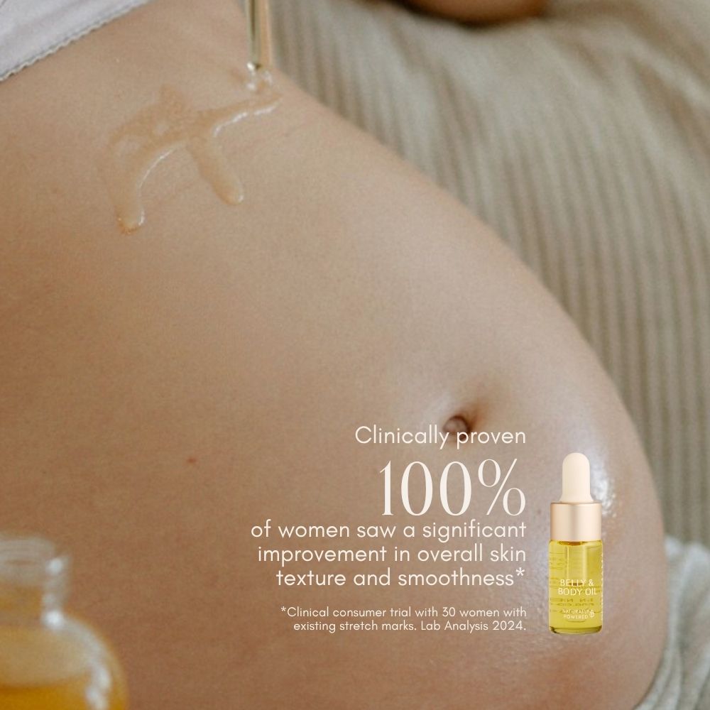 A close-up of a pregnant belly with Pure Mama NZ Belly Oil Mini applied in swirls. A dropper bottle is shown, with text: Clinically proven 100% improvement in skin texture and smoothness—ideal for pregnancy skincare.