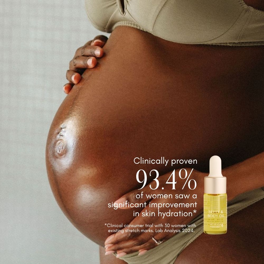 A close-up of a pregnant woman gently holding her bare belly, with text for Pure Mama NZ Belly Oil Mini: “Clinically proven—93.4% of women saw a significant improvement in skin hydration.”.