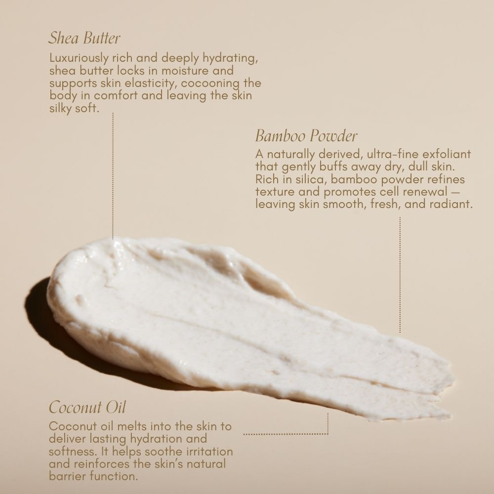 The Bump Love Set by Pure Mama NZ features a creamy, white Bump Scrub with fine grains on a beige surface, highlighting shea butter, bamboo powder, and coconut oil to help prevent stretch marks in your skincare routine.